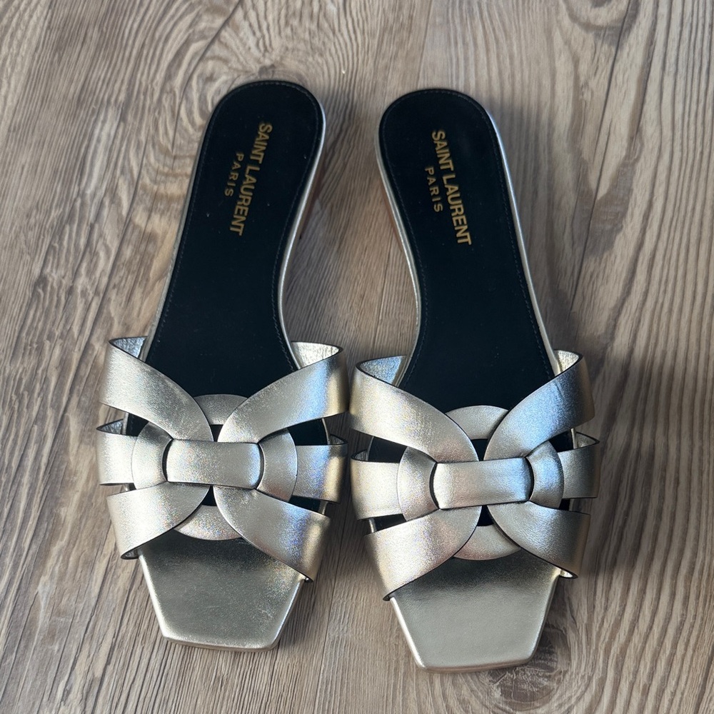 Saint Laurent Tribute Metallic Pale Gold Slide Sandals